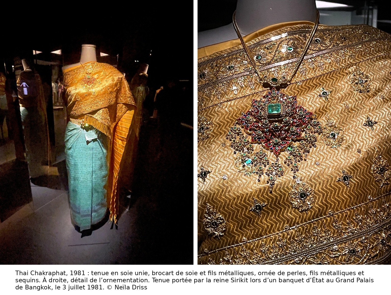 Thai Chakraphat de 1981 porté par la reine Sirikit, avec détail du brocart de soie et de son ornementation.